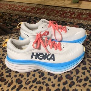 Hoka Women's White and Blue Athletic Shoes with Pink Laces
